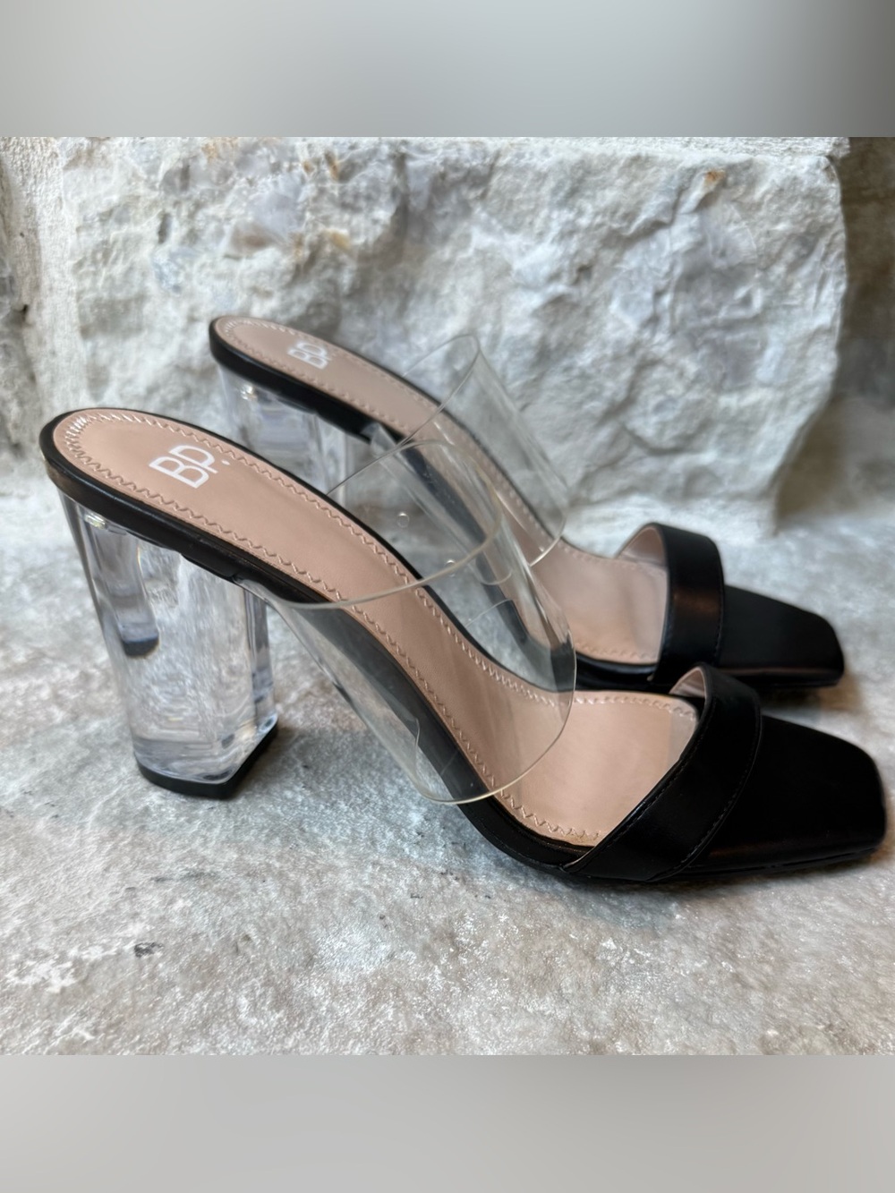 Brand New BP Naomi Black Slide Heels with Clear Strap and Lucite Block Heel